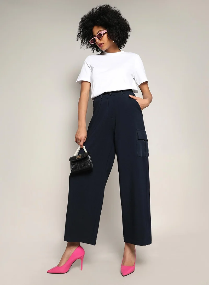 Pinacolada  Women's Navy Blue Baggy Cargo Pants For Casual Wear | Mid-Rise | 4 Pockets | Button Closure | Cargo Pants Crafted With Comfort Fit For Everyday Wear for Women | Best Price UAE
